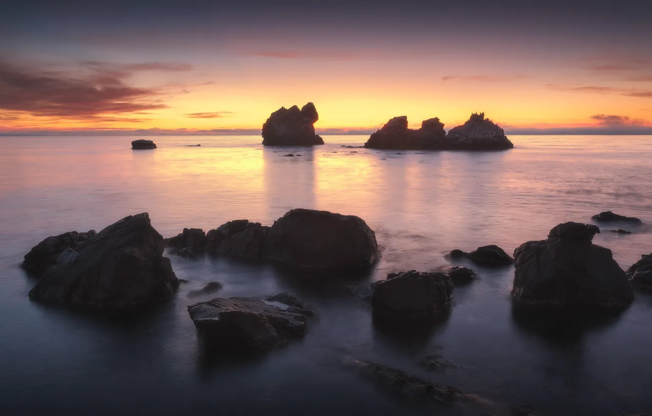 Photo wallpaper sea, water, the sun, sunset, stones, rocks, shore