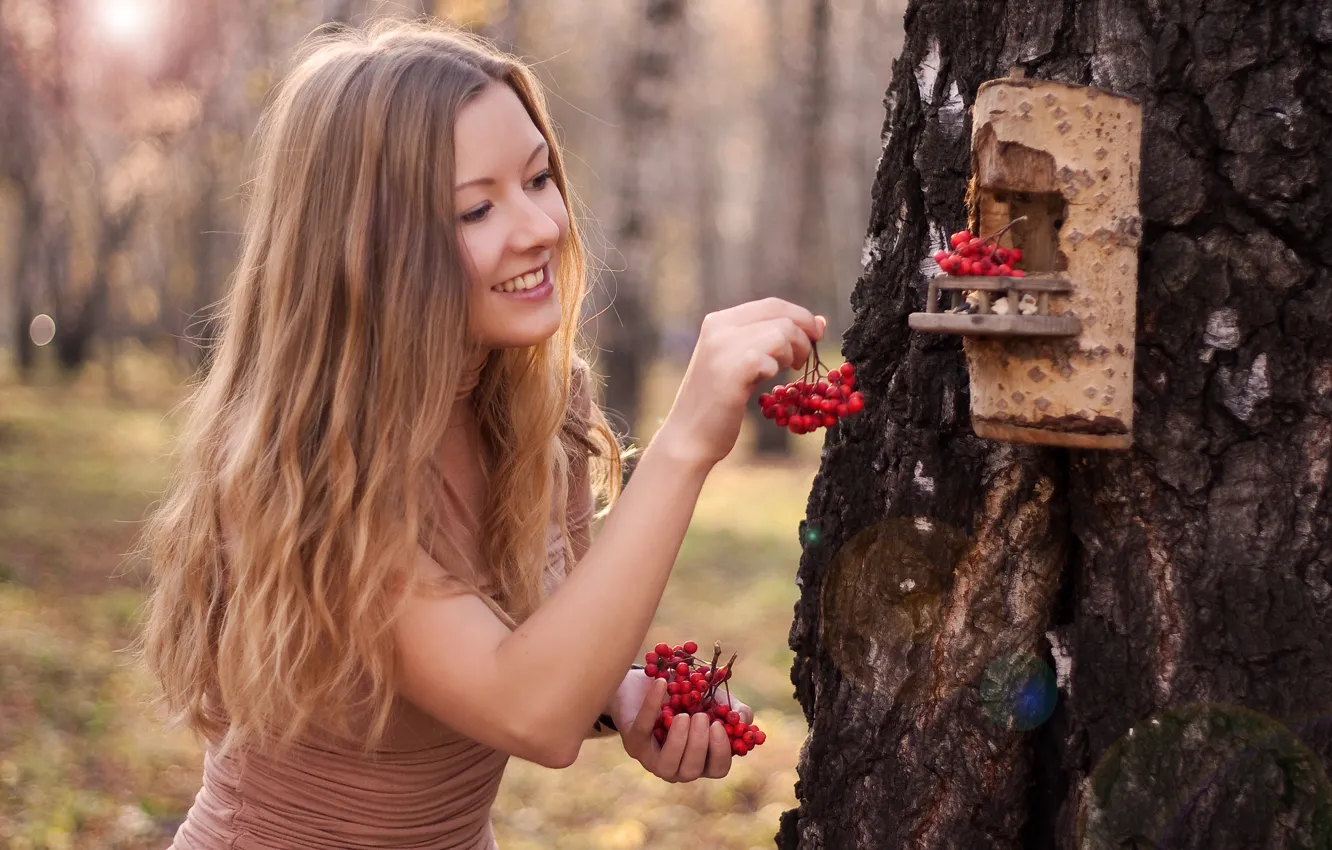 Photo wallpaper forest, nature, smile, berries, tree, hair, Girl, blonde