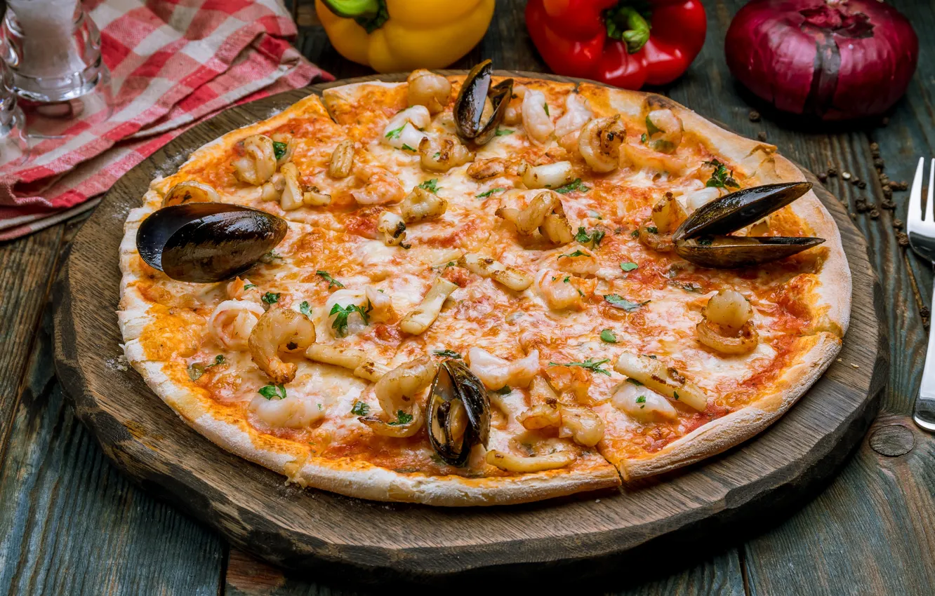 Photo wallpaper food, cheese, bow, pizza, seafood, the dough, pepper