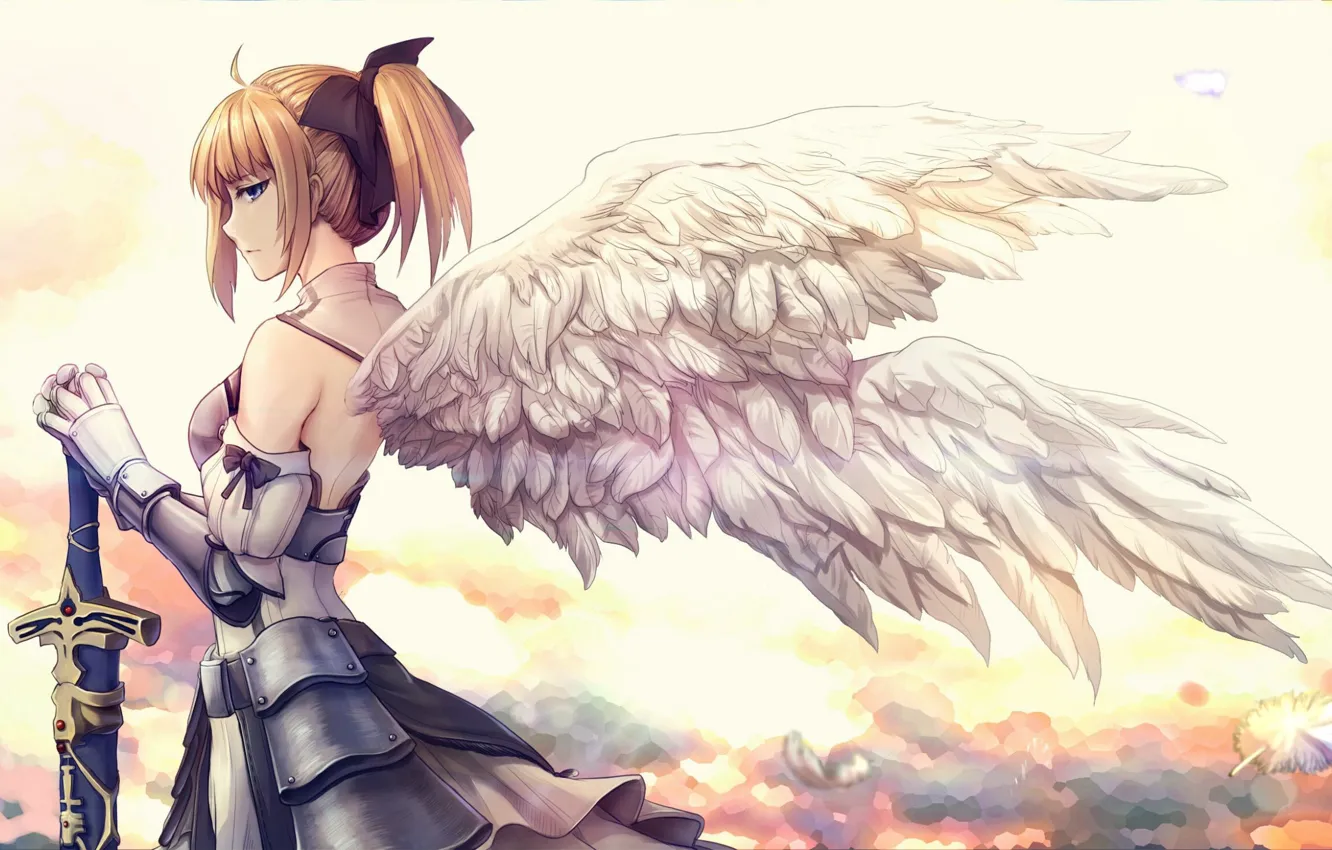 Photo wallpaper girl, sword, weapon, anime, wings, feathers, purple eyes, angel