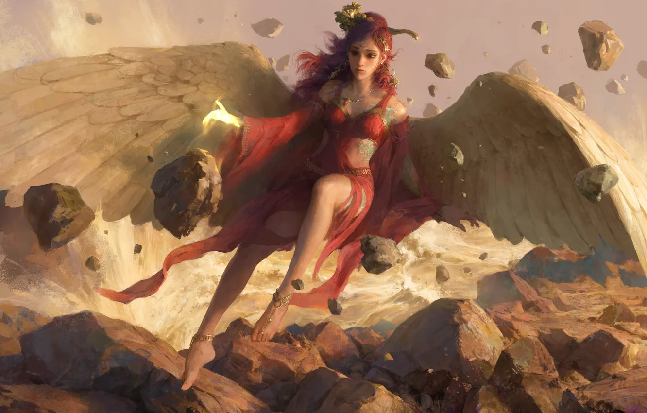 Photo wallpaper girl, stones, wings, angel, fantasy, art