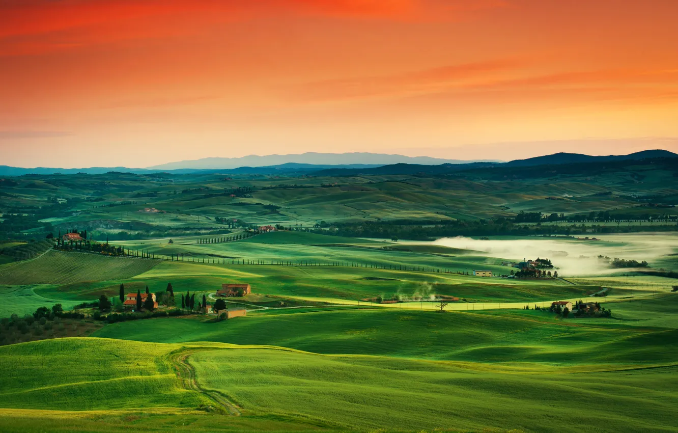 Photo wallpaper road, field, the sky, sunset, mountains, hills, home, horizon