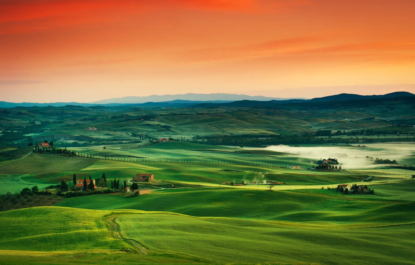 Photo wallpaper road, the sky, sunset, mountains, hills, field, home, horizon