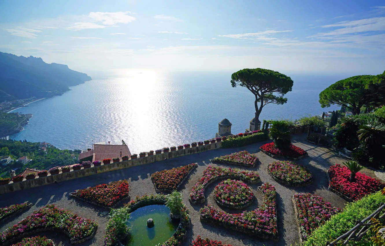 Photo wallpaper sea, the sun, flowers, Italy, Italy, beds, Ravello, Villa Rufolo