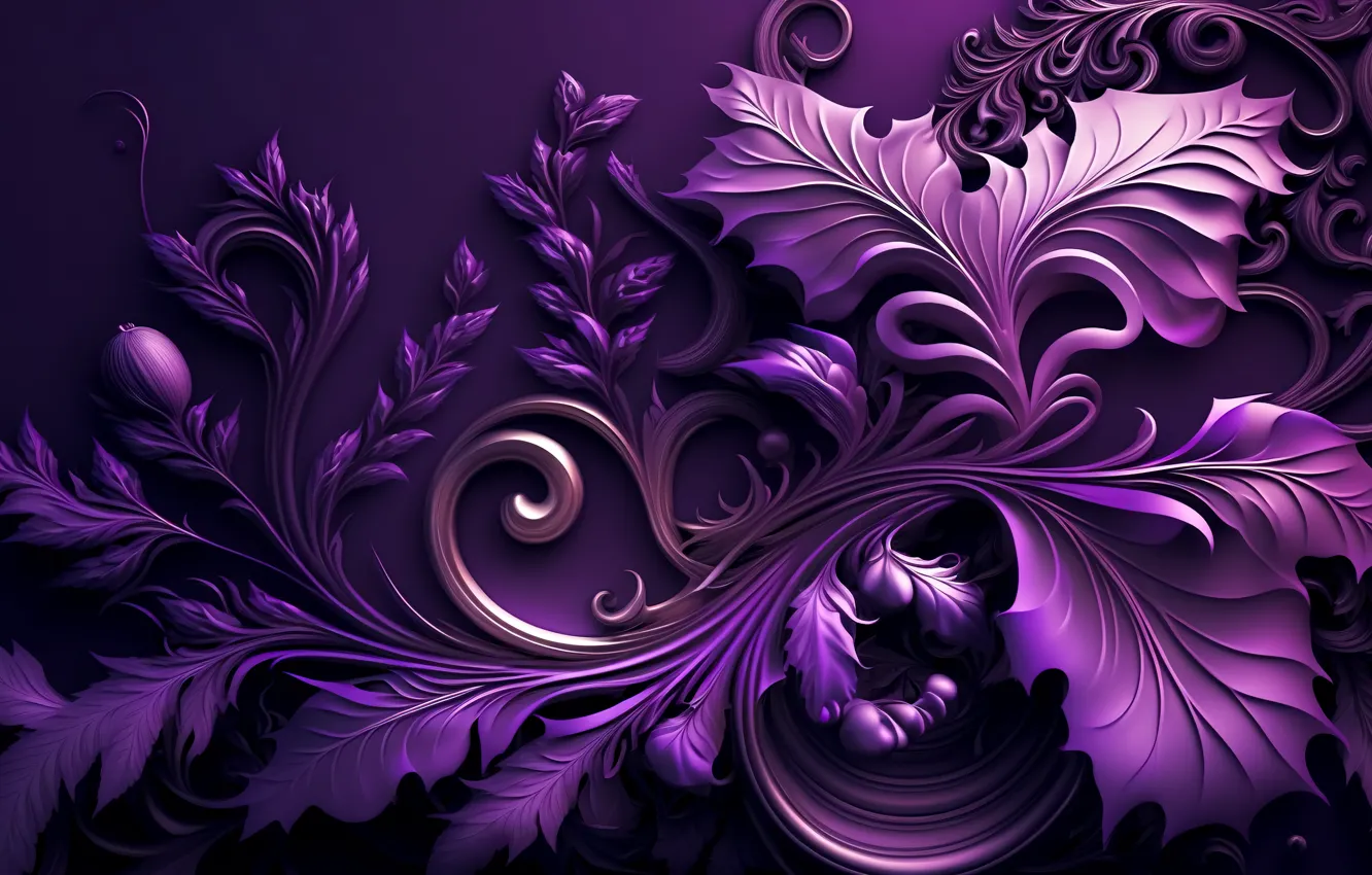 Photo wallpaper purple, leaves, pattern, curls, Shine, ornament, metallic, lilac