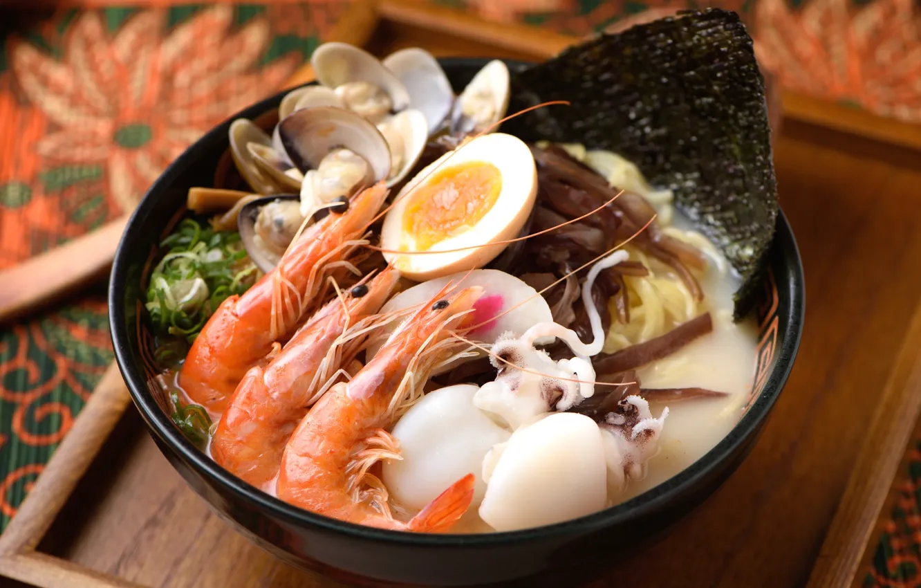 Photo wallpaper egg, shrimp, seafood, squid, shellfish