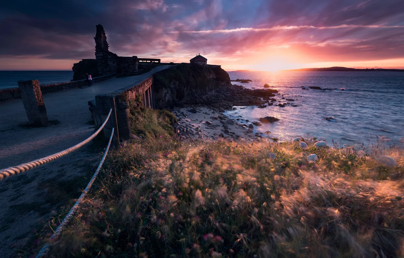Photo wallpaper road, sea, the sky, grass, the sun, clouds, light, sunset