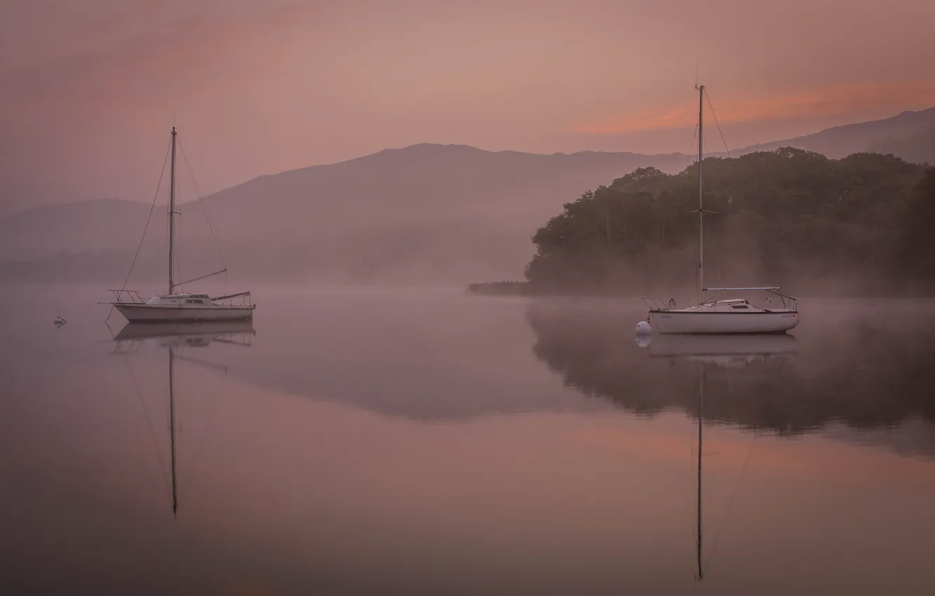 Photo wallpaper the sky, trees, mountains, fog, lake, boat, yacht