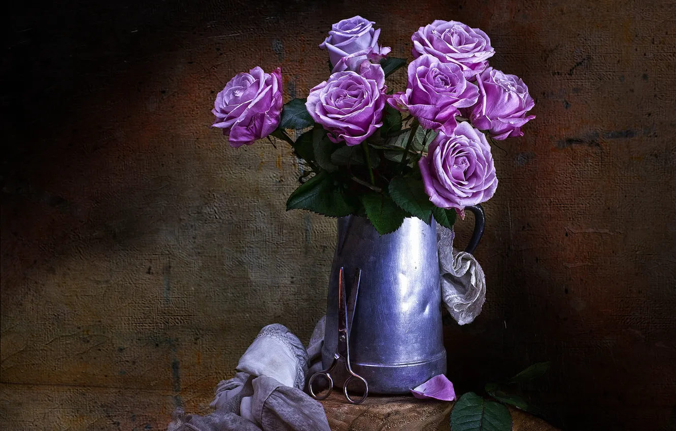 Photo wallpaper flowers, style, roses, vintage, scissors