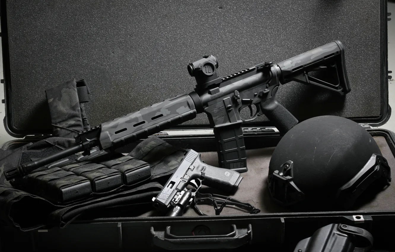 Photo wallpaper gun, weapons, background, suitcase, helmet, Glock, assault rifle