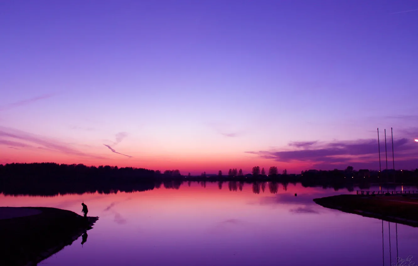 Photo wallpaper purple, water, sunset, shore, fisherman, the evening, Lake