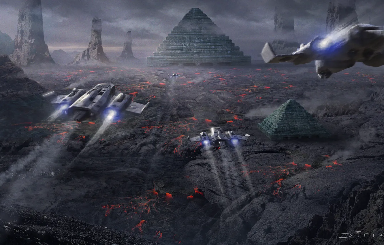 Photo wallpaper flight, rocks, pyramid, lava, Scorched land