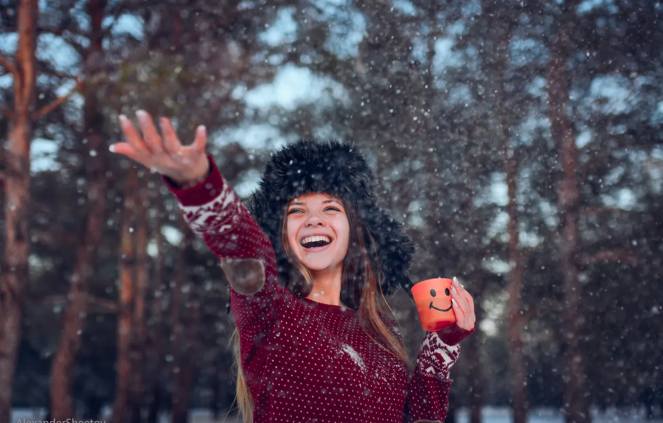 Photo wallpaper winter, girl, snow, joy