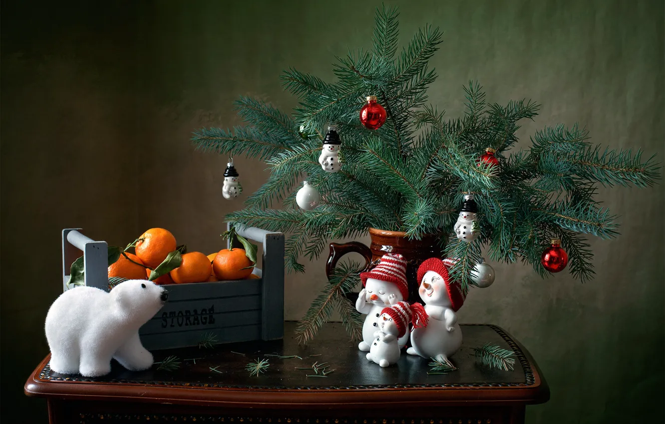 Photo wallpaper branches, holiday, new year, bear, box, needles, table, Christmas decorations