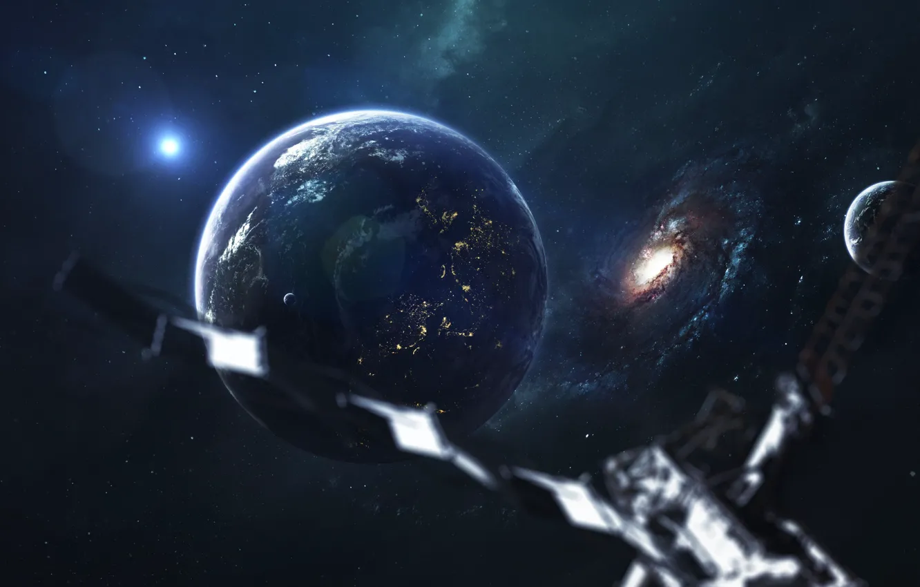 Photo wallpaper space, stars, nebula, space, planet, satellite, station, art