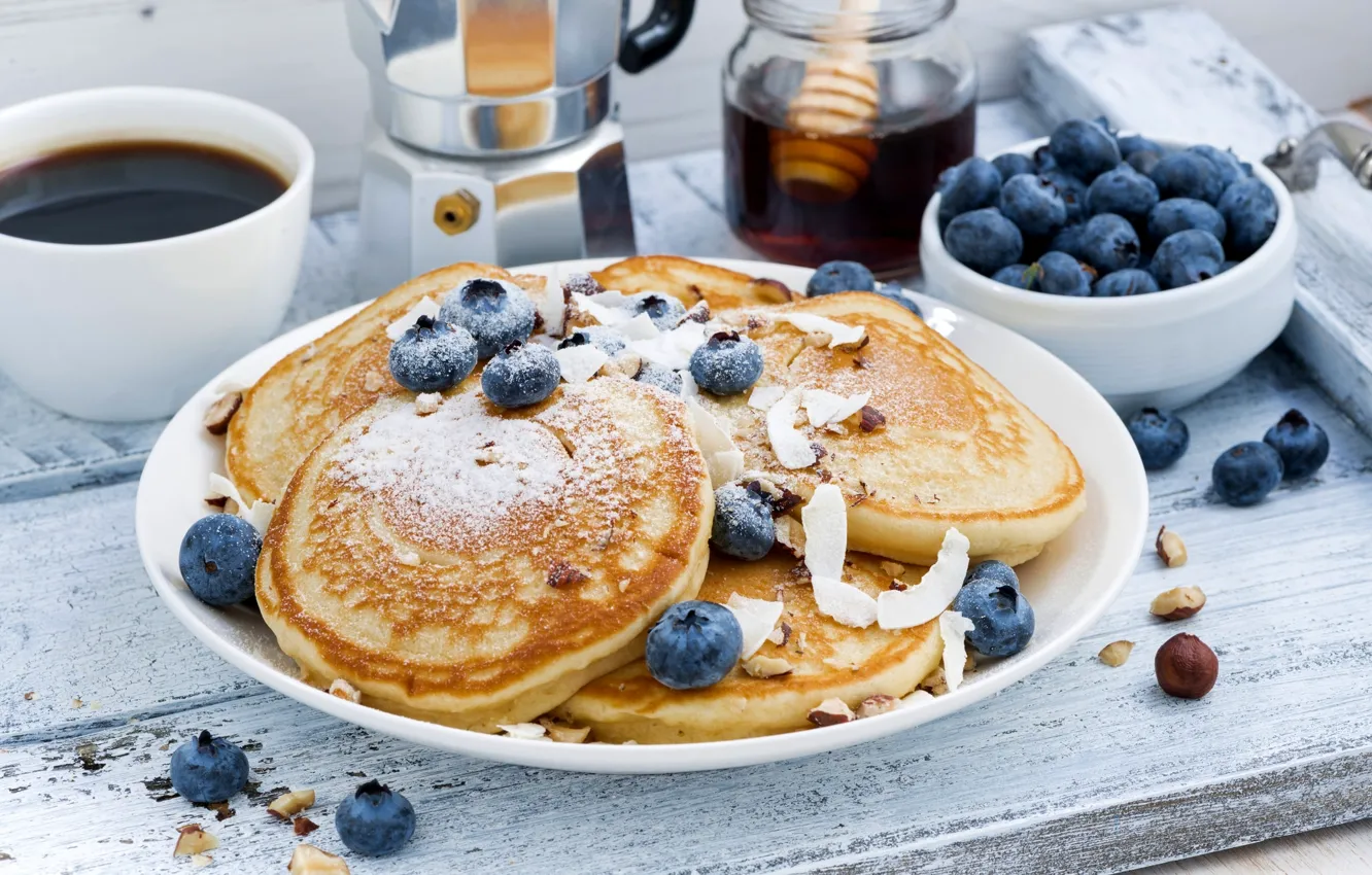 Photo wallpaper berries, coffee, Breakfast, nuts, blueberries, pancake