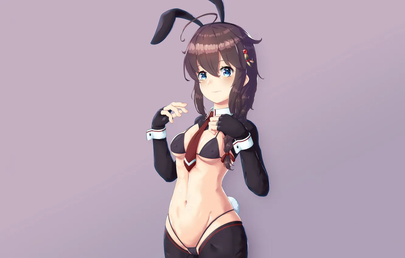 Photo wallpaper girl, sexy, Cameltoe, cleavage, blouse, thighhighs, long hair, brown hair