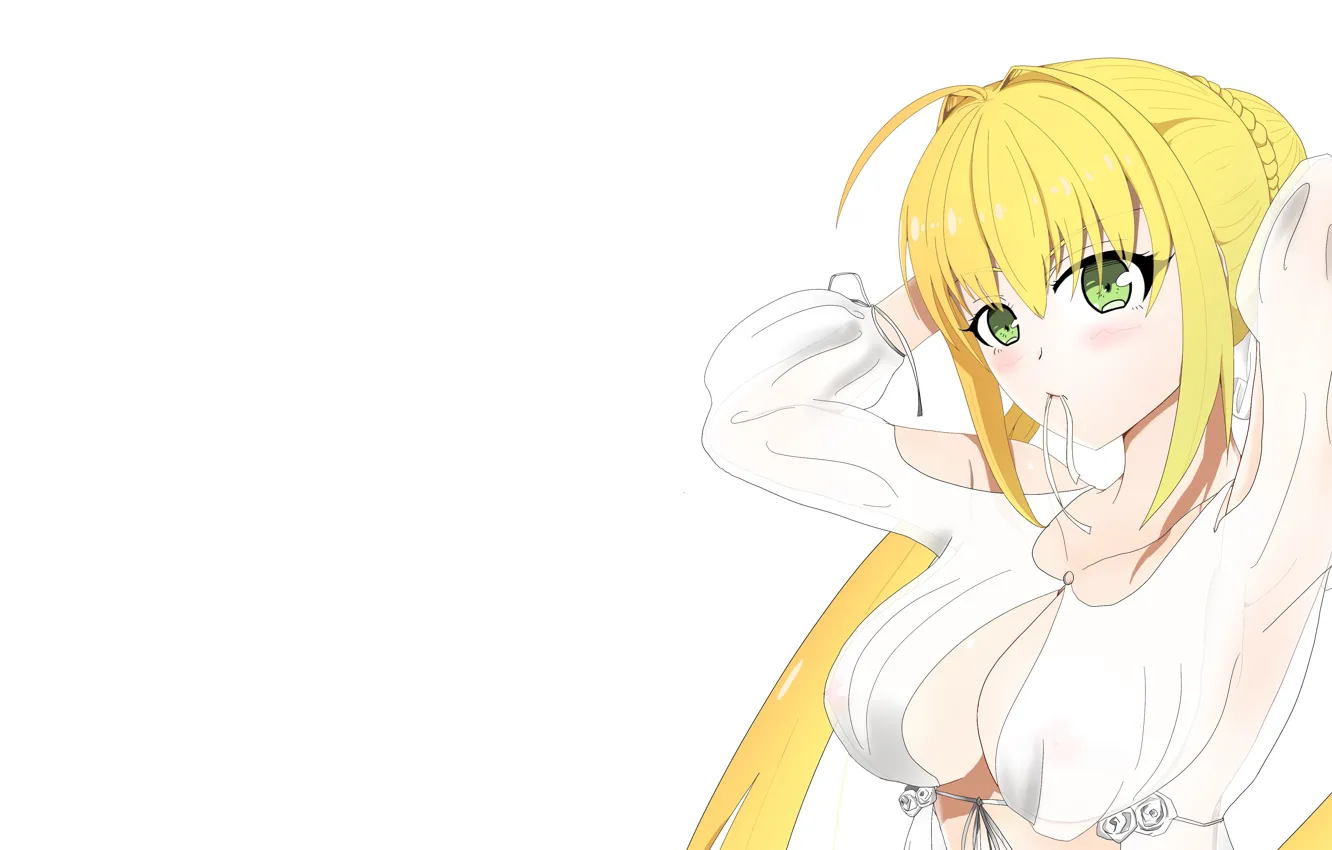 Photo wallpaper girl, sexy, cleavage, blouse, long hair, boobs, saber, anime