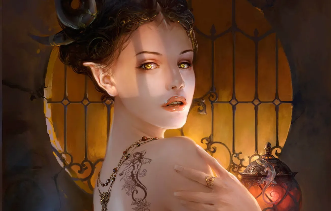 Photo wallpaper look, girl, lights, glare, fantasy, demoness