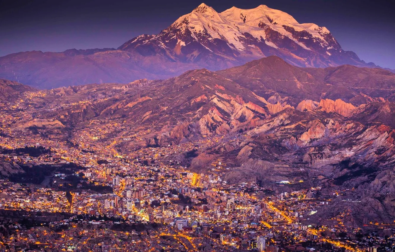 Photo wallpaper Landscape, Mountain, Sunset, Smoke, South America, Cities, La Paz