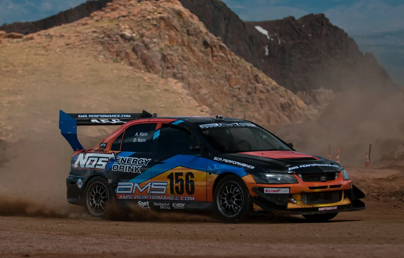 Photo wallpaper mountains, race, desert, cars, Mitsubishi
