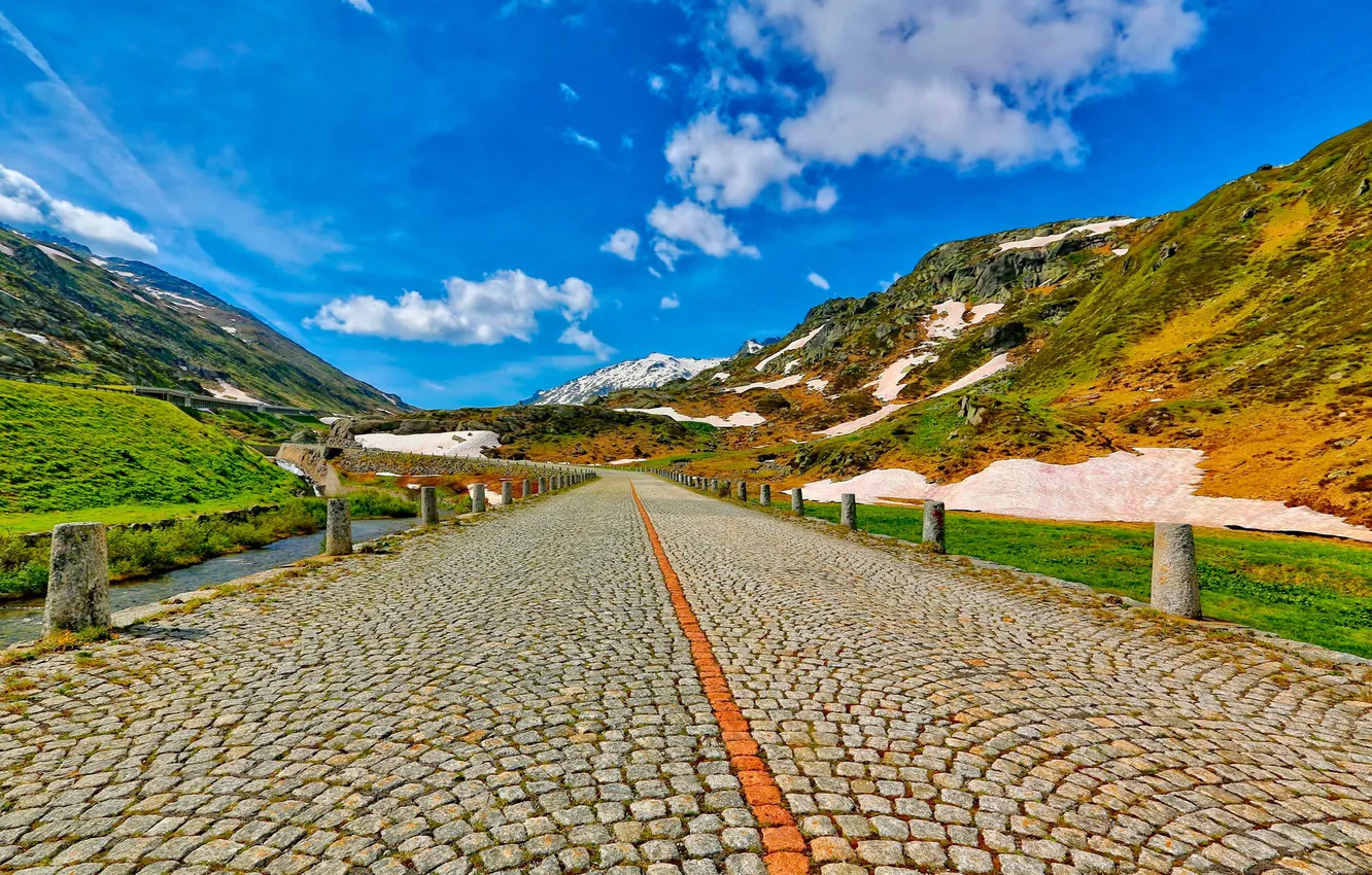 Photo wallpaper road, the sky, snow, mountains