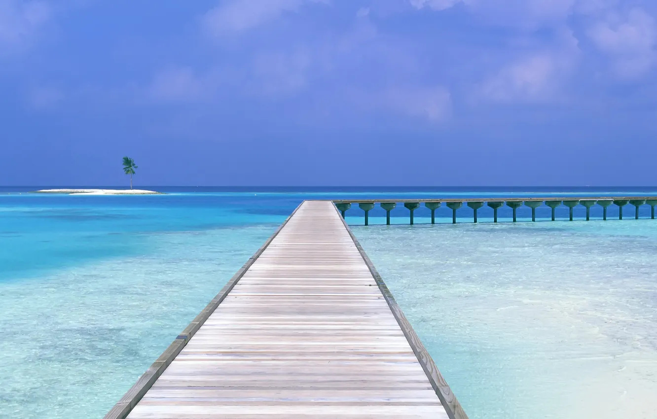 Photo wallpaper sand, the sky, water, clouds, landscape, bridge, nature, palm trees