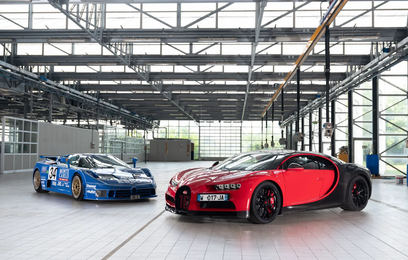 Photo wallpaper Bugatti, pair, supercar, 2018, Sport, Chiron, EB110, Bugatti EB110 SS LM