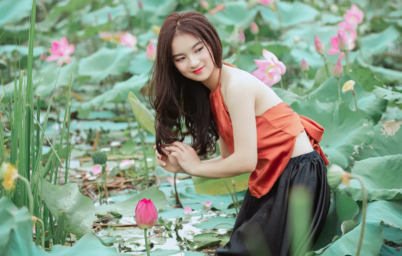 Photo wallpaper girl, flowers, pose, smile, skirt, Lotus, Asian