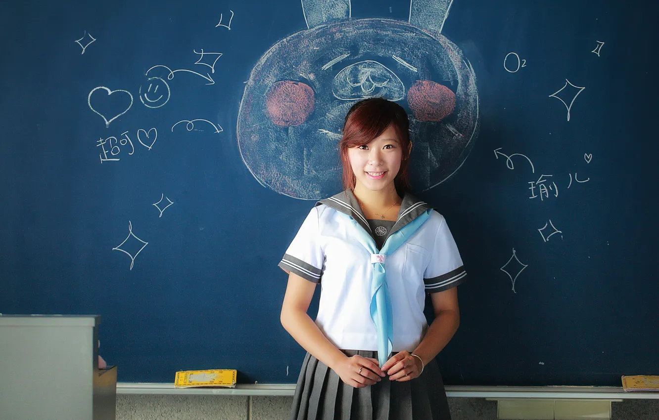 Photo wallpaper girl, smile, figure, Board, schoolgirl