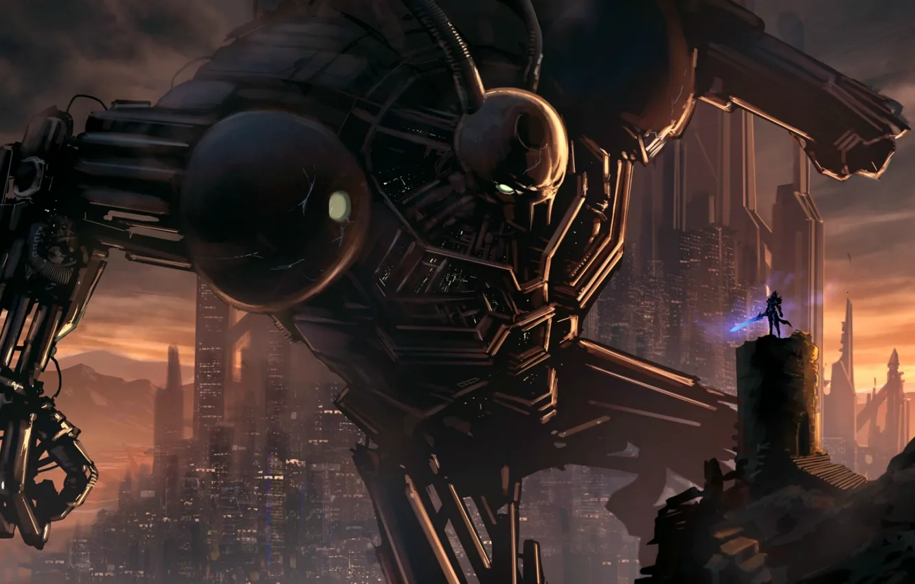 Photo wallpaper the city, weapons, background, people, robot, sword, fantastic. art