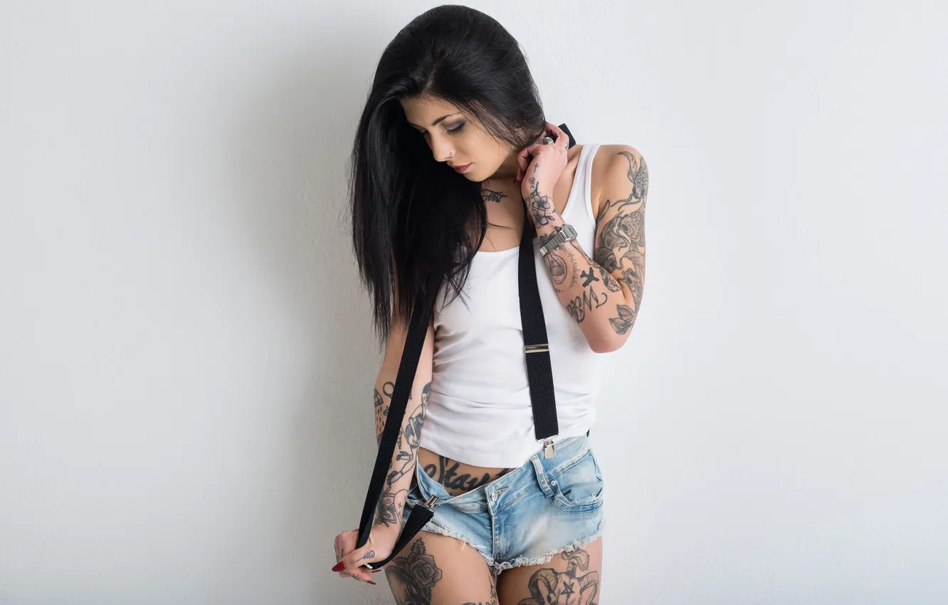 Photo wallpaper girl, shorts, tattoo, brunette, suspenders, tank top