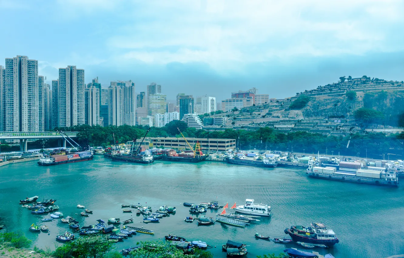 Photo wallpaper city, Hong Kong, harbour, Hong Kong, harbour
