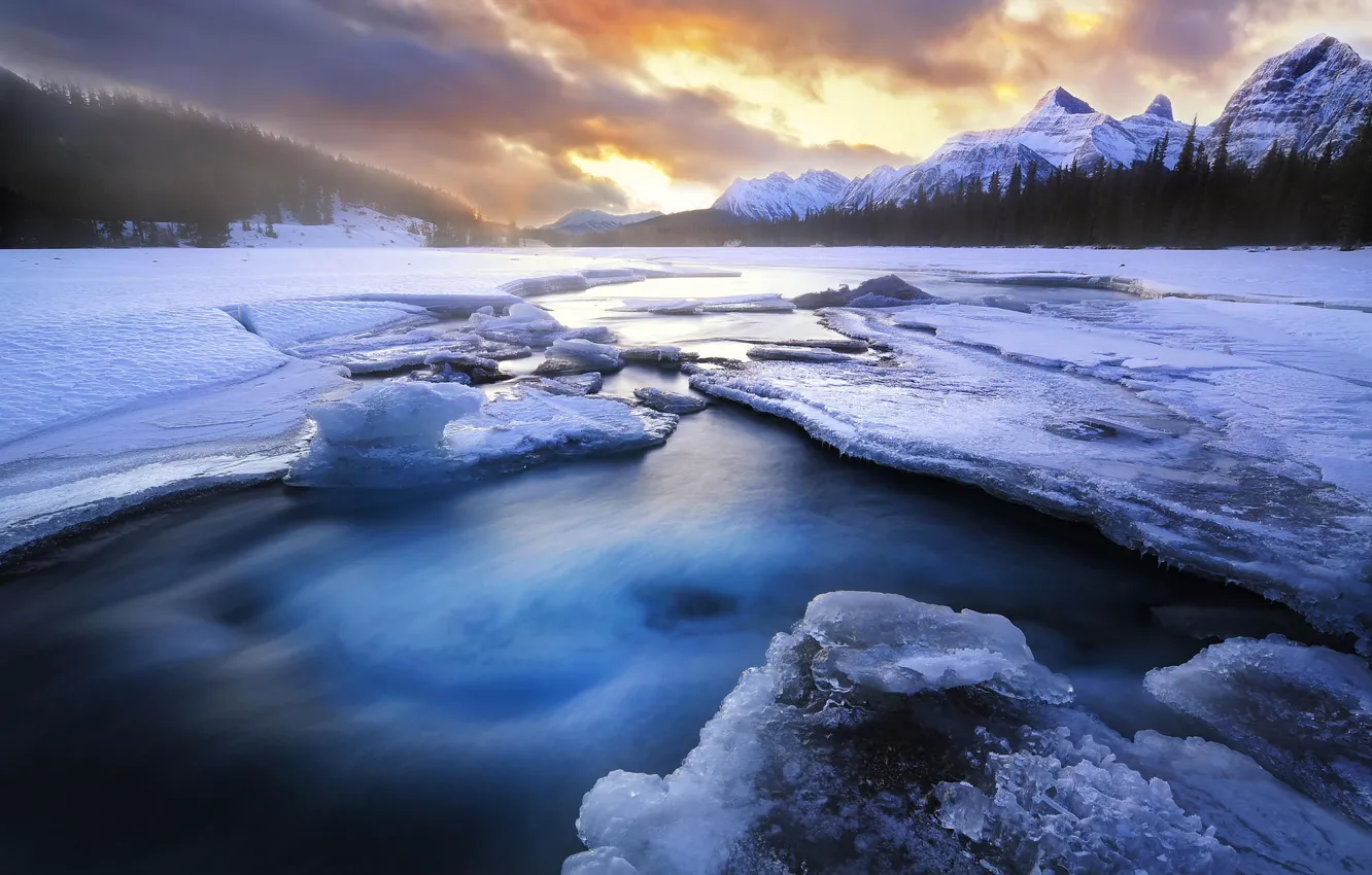 Photo wallpaper ice, winter, forest, snow, mountains, lake, rasvet