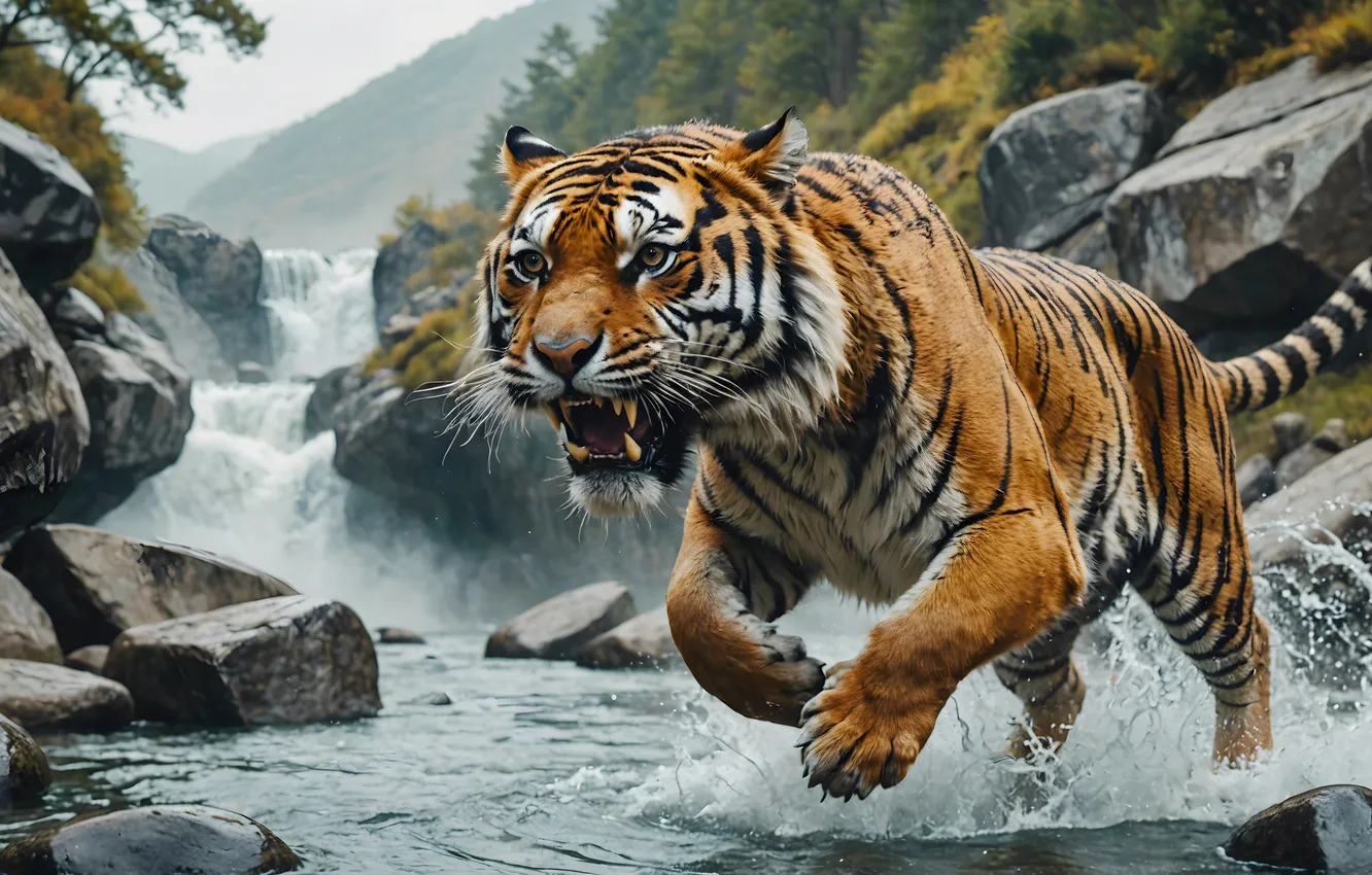 Photo wallpaper autumn, forest, look, face, water, squirt, nature, tiger