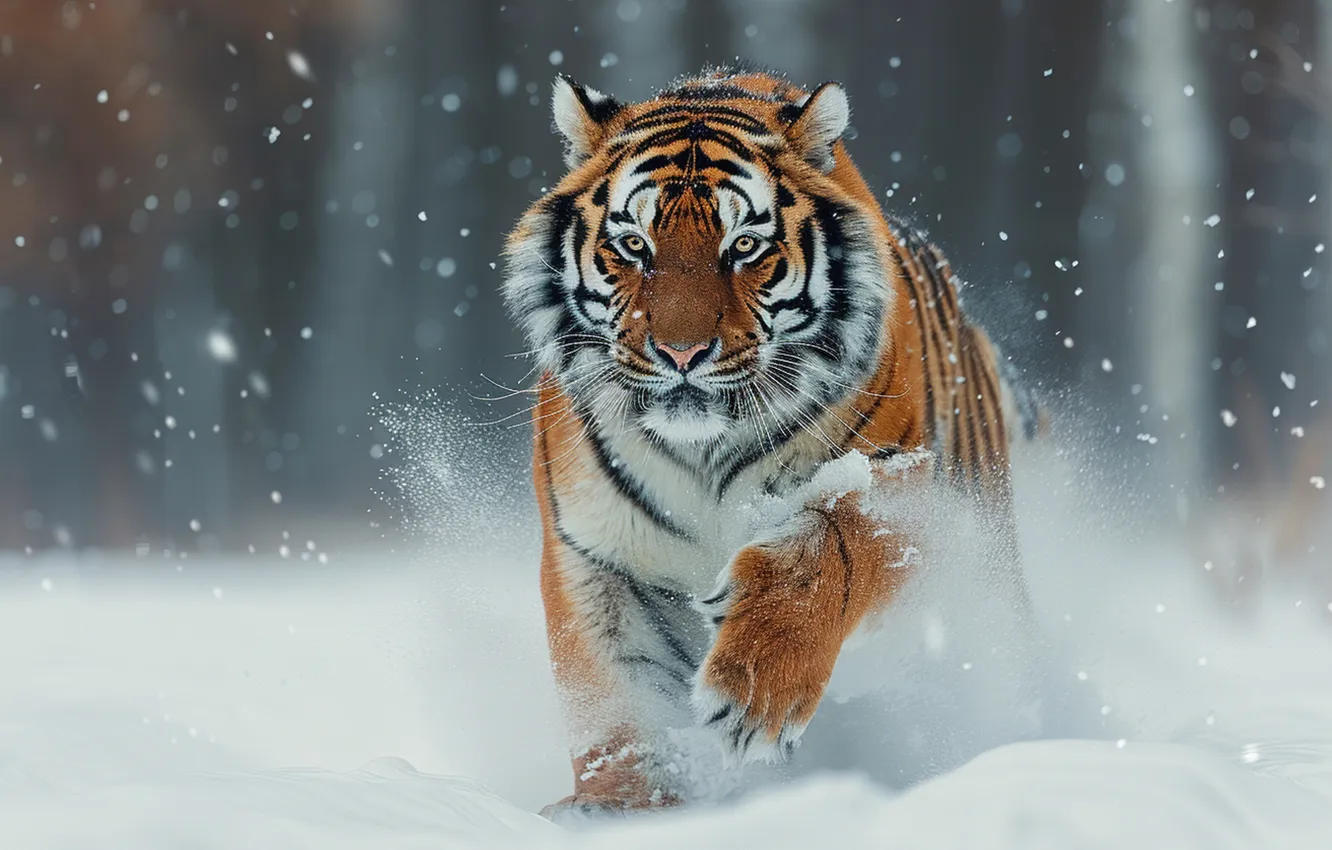 Photo wallpaper winter, forest, look, face, snow, nature, tiger, fog