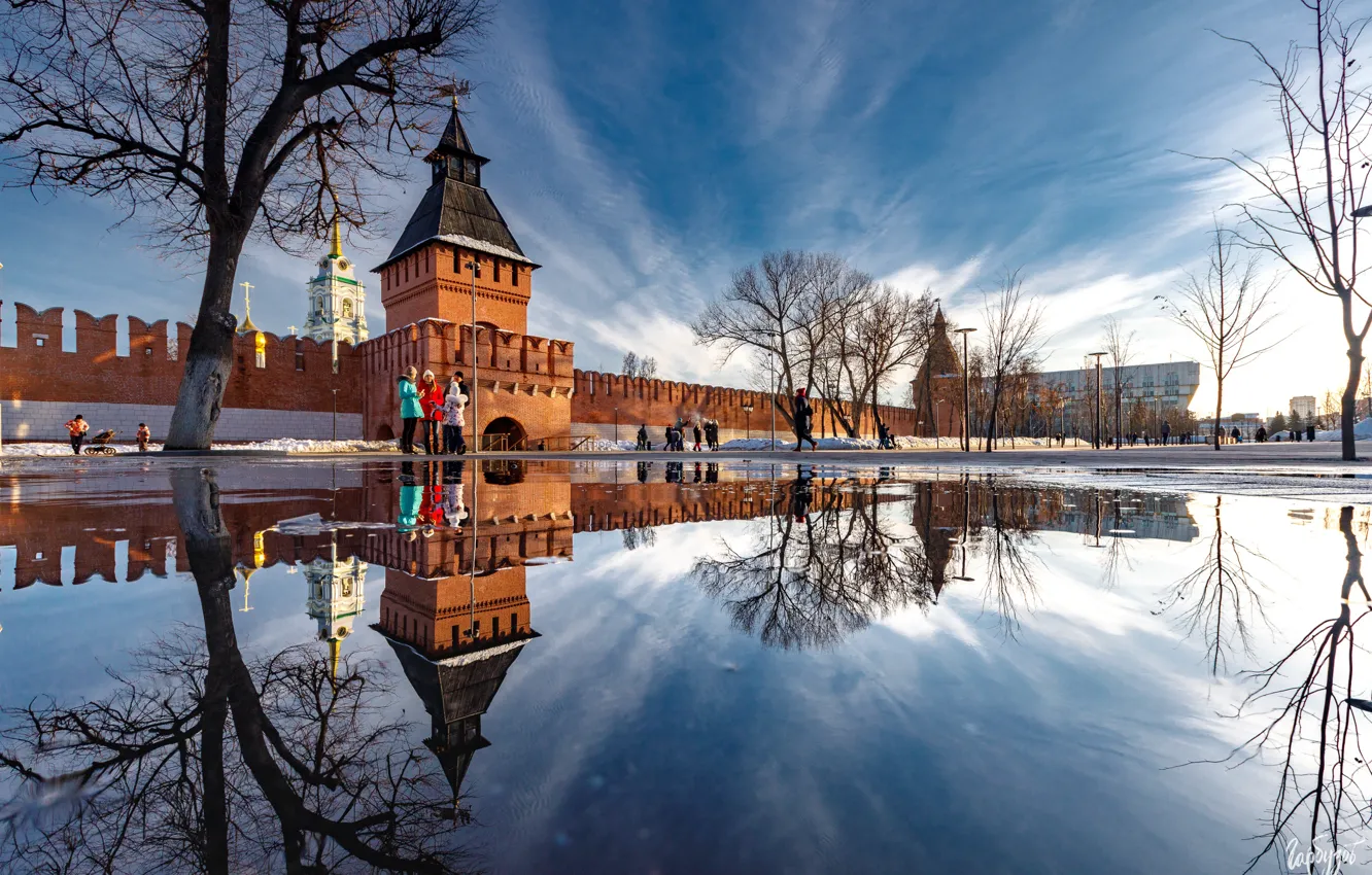 Photo wallpaper water, landscape, the city, reflection, wall, spring, tower, The Kremlin