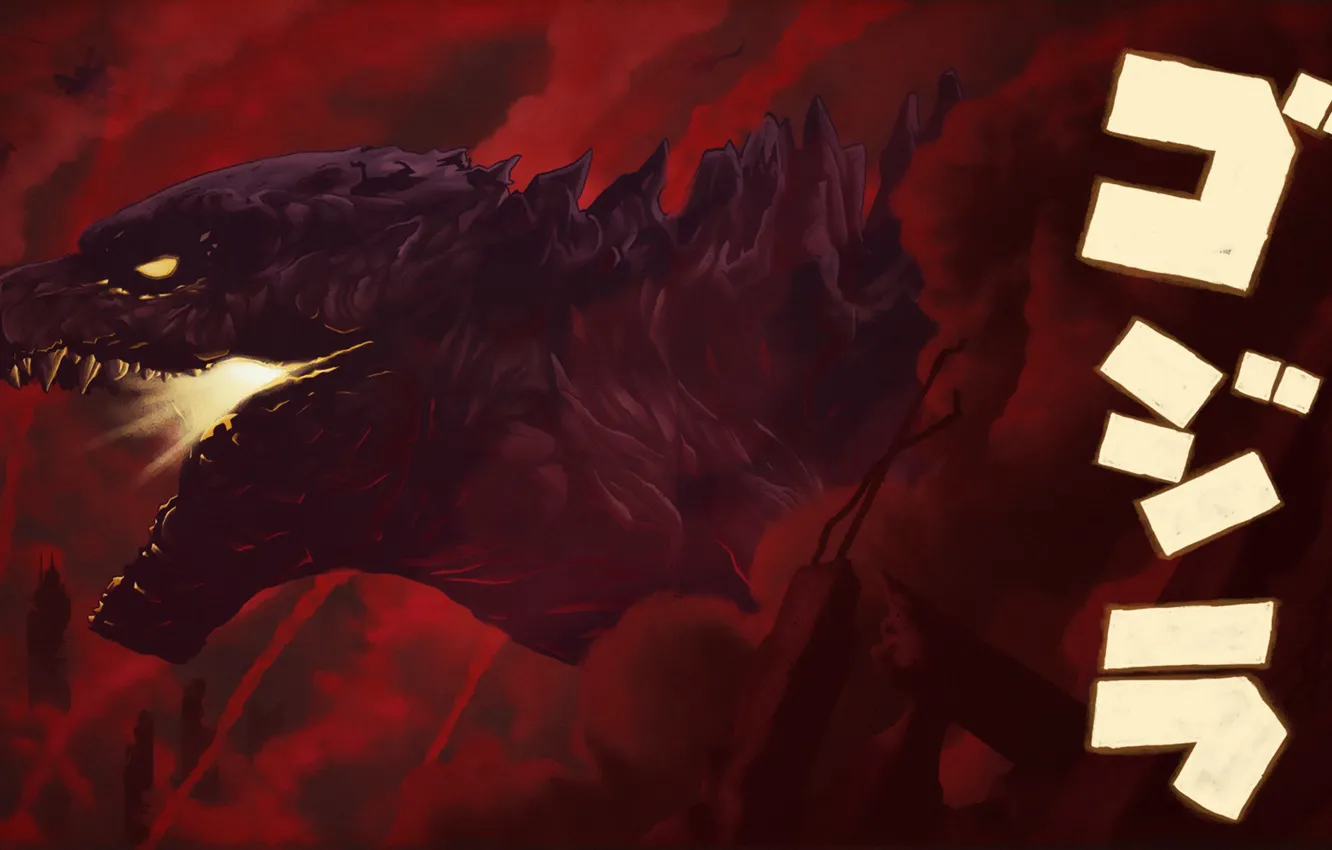 Photo wallpaper lights, figure, monster, art, destruction, lizard, Godzilla, Godzilla