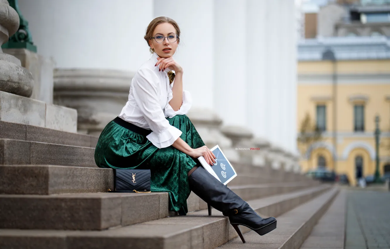 Photo wallpaper look, skirt, Girl, glasses, sitting, Maxim Romanov
