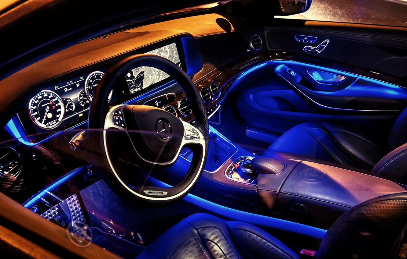 Photo wallpaper blue, Mercedes-Benz, neon, salon, AMG, s-class, W222, S63