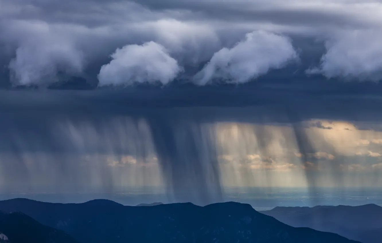 Photo wallpaper the sky, mountains, rain, obloka