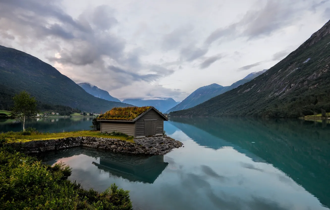 Photo wallpaper the sky, mountains, lake, house