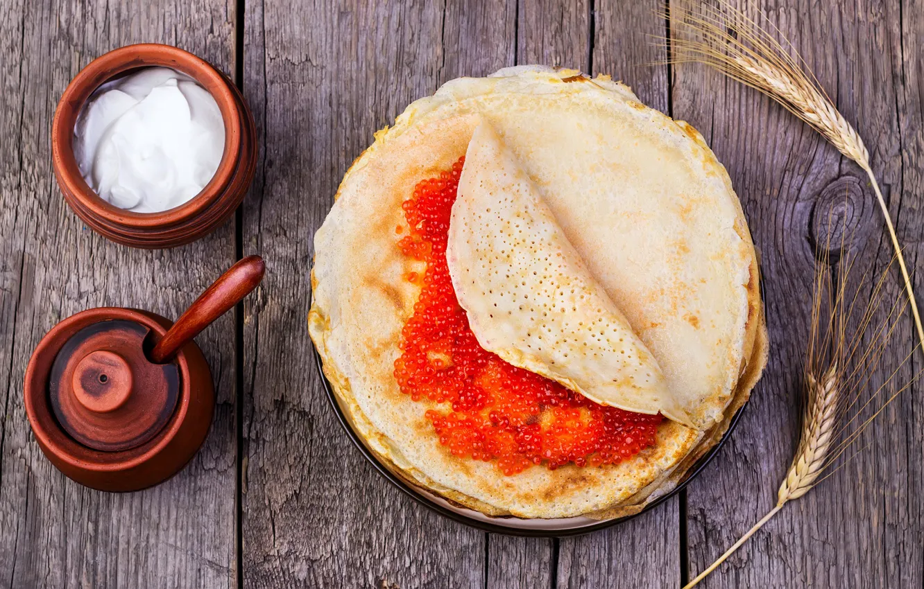 Photo wallpaper seafood, Carnival, pancake, sour cream, pancakes, caviar, caviar, wheat
