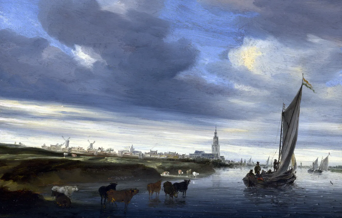 Photo wallpaper landscape, boat, picture, sail, Salomon van Ruysdael, Salomon van Ruisdael, View of Deventer