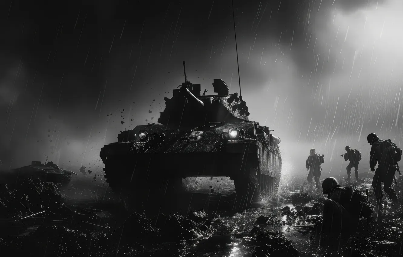 Photo wallpaper Retro, Rain, Dirt, Soldiers, Tank, WWII, The great Patriotic war, The Second World War