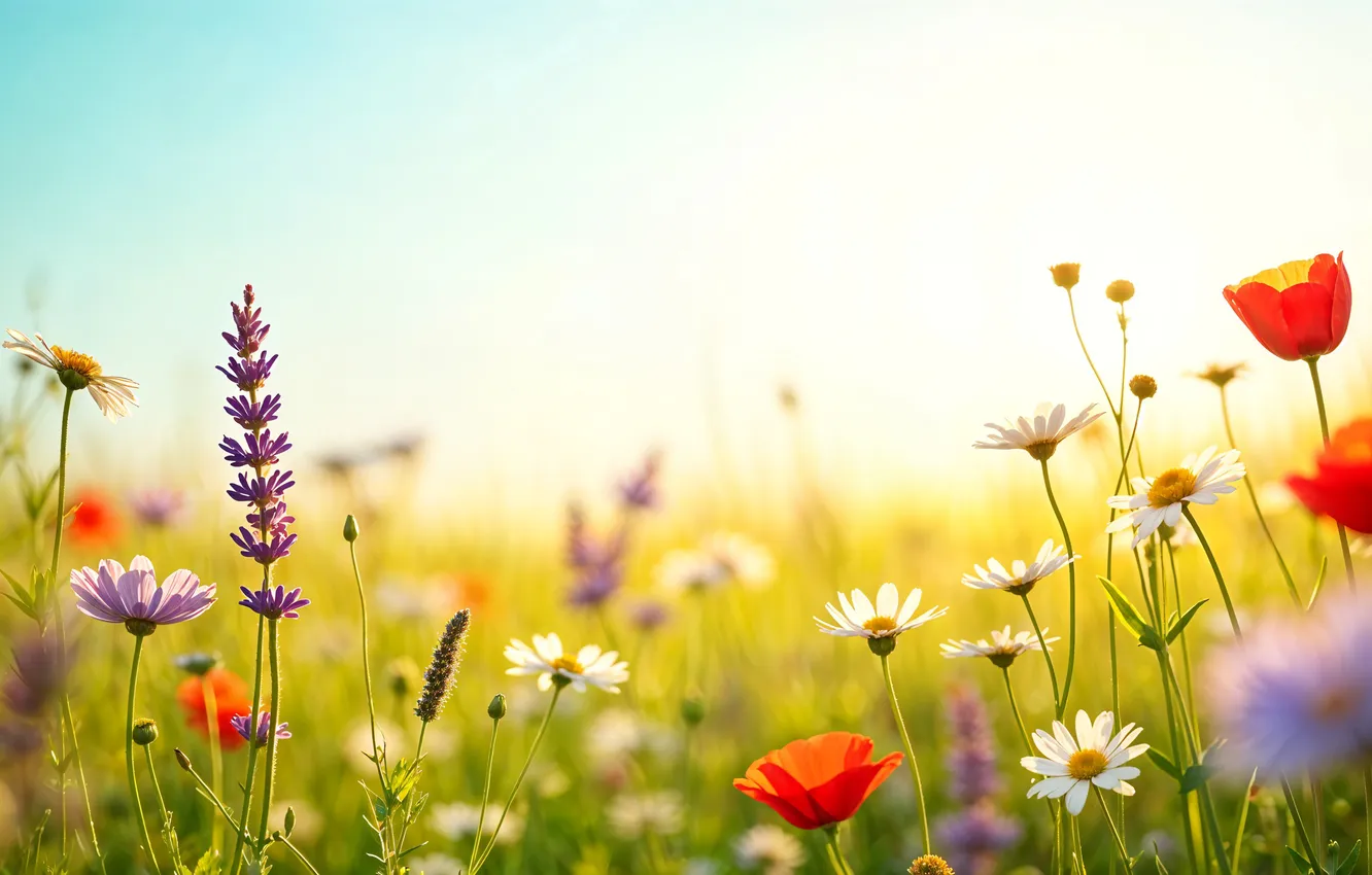 Photo wallpaper flowers, spring, colorful, meadow, blossom, flowers, spring, meadow