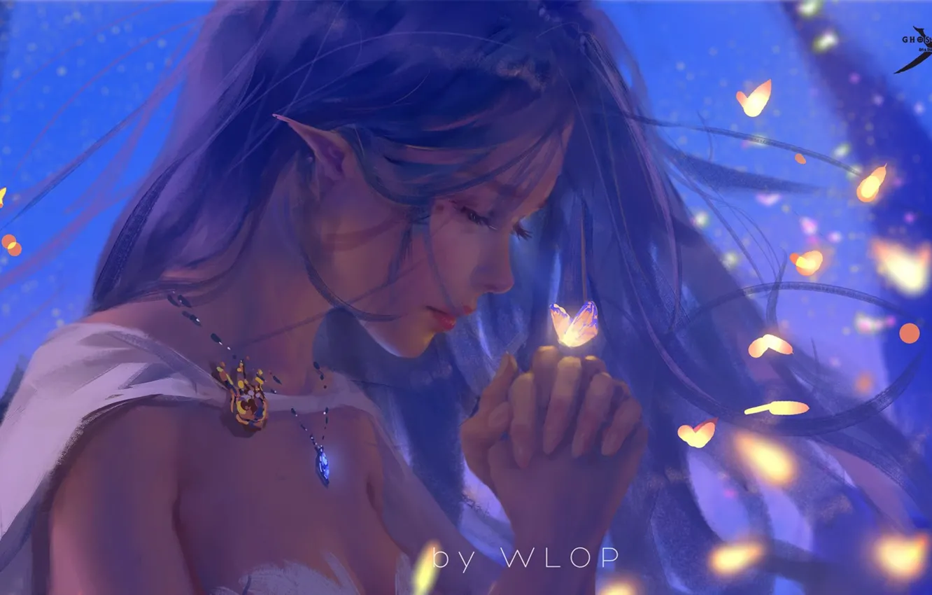 Photo wallpaper girl, fantasy, long hair, butterfly, elf, digital art, artwork, princess