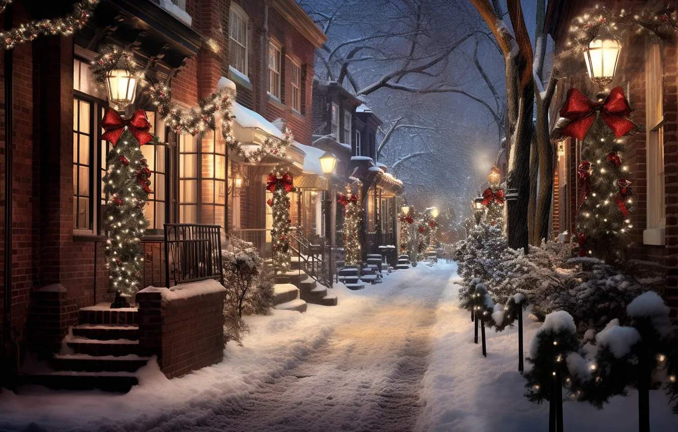 Photo wallpaper winter, snow, decoration, night, the city, lights, balls, street