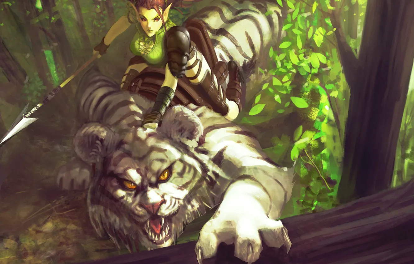 Photo wallpaper forest, girl, tiger, predator, fantasy, art, elf