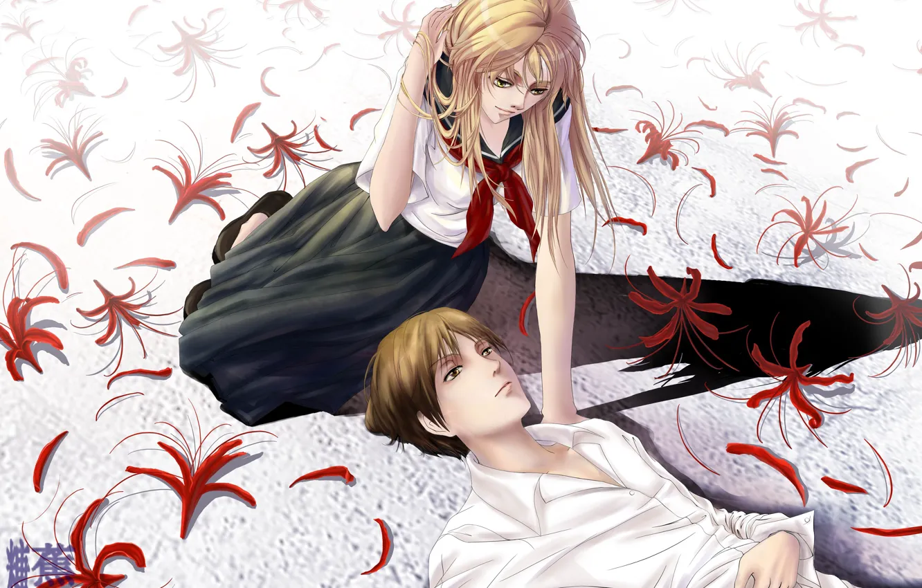 Photo wallpaper girl, flowers, art, guy, natsume yuujinchou, Natsume